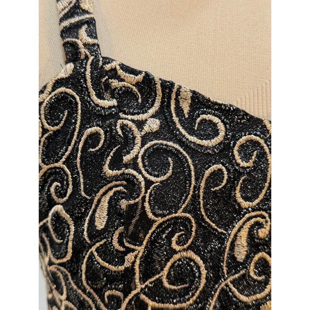 Vintage Poly Black Gold Embroidered Glitter Mesh Cocktail Mini Dress S - Picture 5 of 7